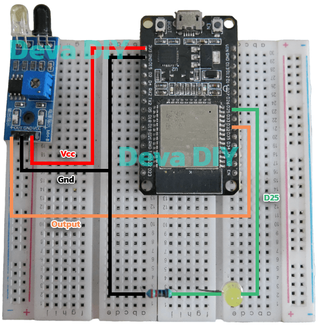 รูปวงจร: IR Sensor → GPIO32, LED → GPIO25 พร้อม R) การต่อวงจรทำง่าย ๆ ดังนี้: IR Sensor → ขา GPIO32 ของ ESP32 LED → ขา GPIO25 ผ่าน R 220Ω–330Ω VCC → 3.3V GND → GND