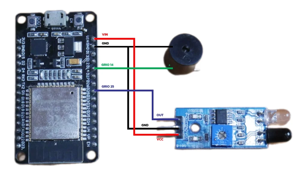 การสร้างระบบแจ้งเตือนเมื่อมีการเคลื่อนไหวด้วย ESP32, IR Sensor และ WebSocket นี้คือรูปการต่อสายสัญญาณ