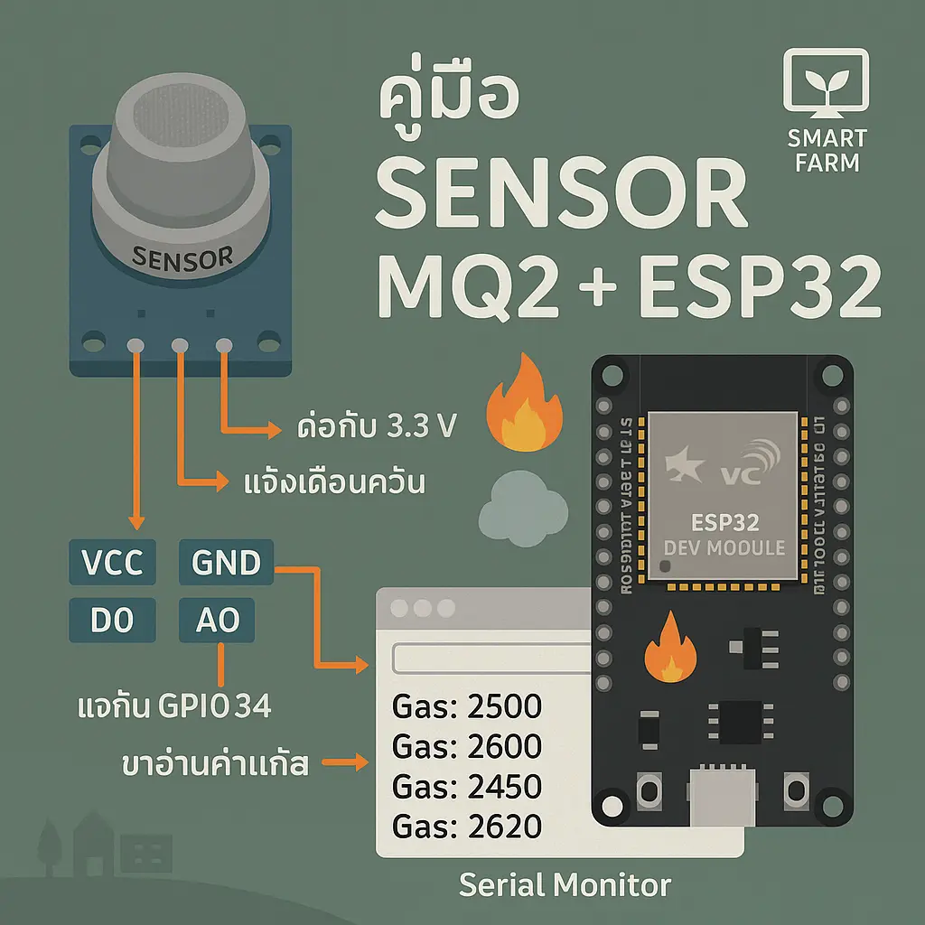 อินโฟกราฟิกแสดงเซนเซอร์ MQ2 เชื่อมต่อกับ ESP32 Dev Module พร้อมข้อความ “คู่มือ Sensor MQ2 + ESP32” ตัวใหญ่กลางภาพ มีลูกศรชี้ขา VCC, GND, A0, D0 พร้อมคำอธิบาย เช่น “ต่อกับ GPIO34”, “แจ้งเตือนควัน” พื้นหลังโทนเขียว-เทา สื่อถึง Smart Farm เหมาะกับมือใหม่สาย Maker