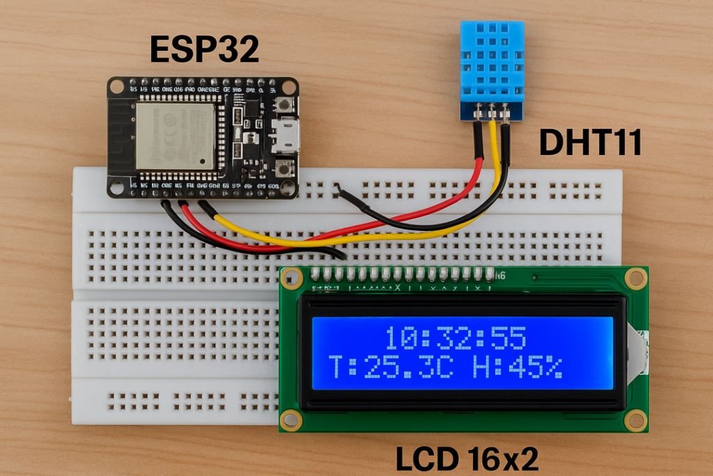 สร้างอุปกรณ์แสดงผลเวลาปัจจุบัน + ข้อมูลอุณหภูมิ/ความชื้น โดยใช้ ESP32 เชื่อมกับเซ็นเซอร์ DHT11/22 และจอ LCD ผ่าน I2C