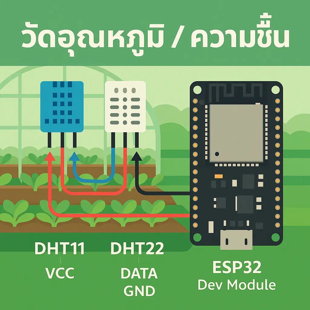 การต่อใช้งานเซ็นเซอร์ DHT11 และ DHT22 กับบอร์ด ESP32 Dev Module บนฉากหลังโทนเขียว Smart Farm มีลูกศรชี้สายไฟ VCC, DATA, GND พร้อมข้อความสั้น “วัดอุณหภูมิ / ความชื้น” แสดงบอร์ด ESP32 เชื่อมกับเซ็นเซอร์