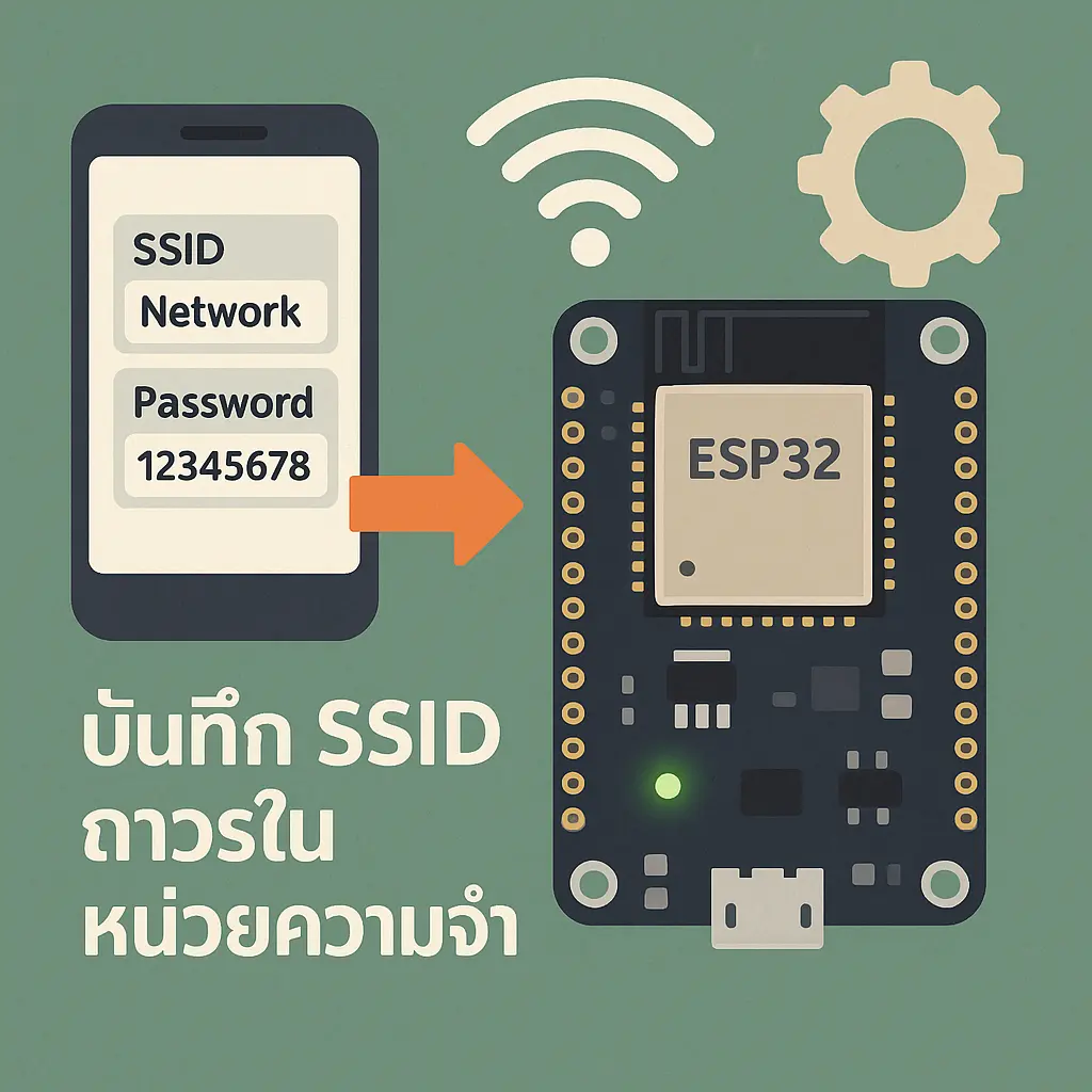 ภาพอินโฟกราฟิกแสดงการส่งค่า SSID และ Password จากมือถือไปยังบอร์ด ESP32 พร้อมสัญลักษณ์ WiFi, แม่กุญแจ และเฟือง สื่อถึงความปลอดภัยและการบันทึกข้อมูลถาวรด้วย Preferences บนพื้นหลังโทนเขียวเทาแนว Smart Farm