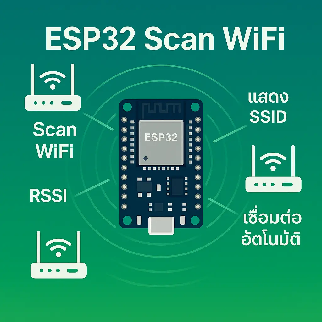ภาพอินโฟกราฟิกแสดง ESP32 สแกนหา WiFi รอบตัว พร้อมไอคอน Router และข้อความ "ESP32 Scan WiFi" สำหรับบทความสอนใช้งาน