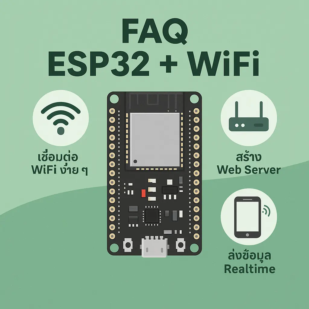 อินโฟกราฟิกแสดง ESP32 เชื่อมต่อ WiFi พร้อมคำอธิบายการใช้งาน เช่น Web Server และการควบคุมอุปกรณ์ผ่านมือถือ สำหรับบทความคำถามที่พบบ่อย ESP32 + WiFi
