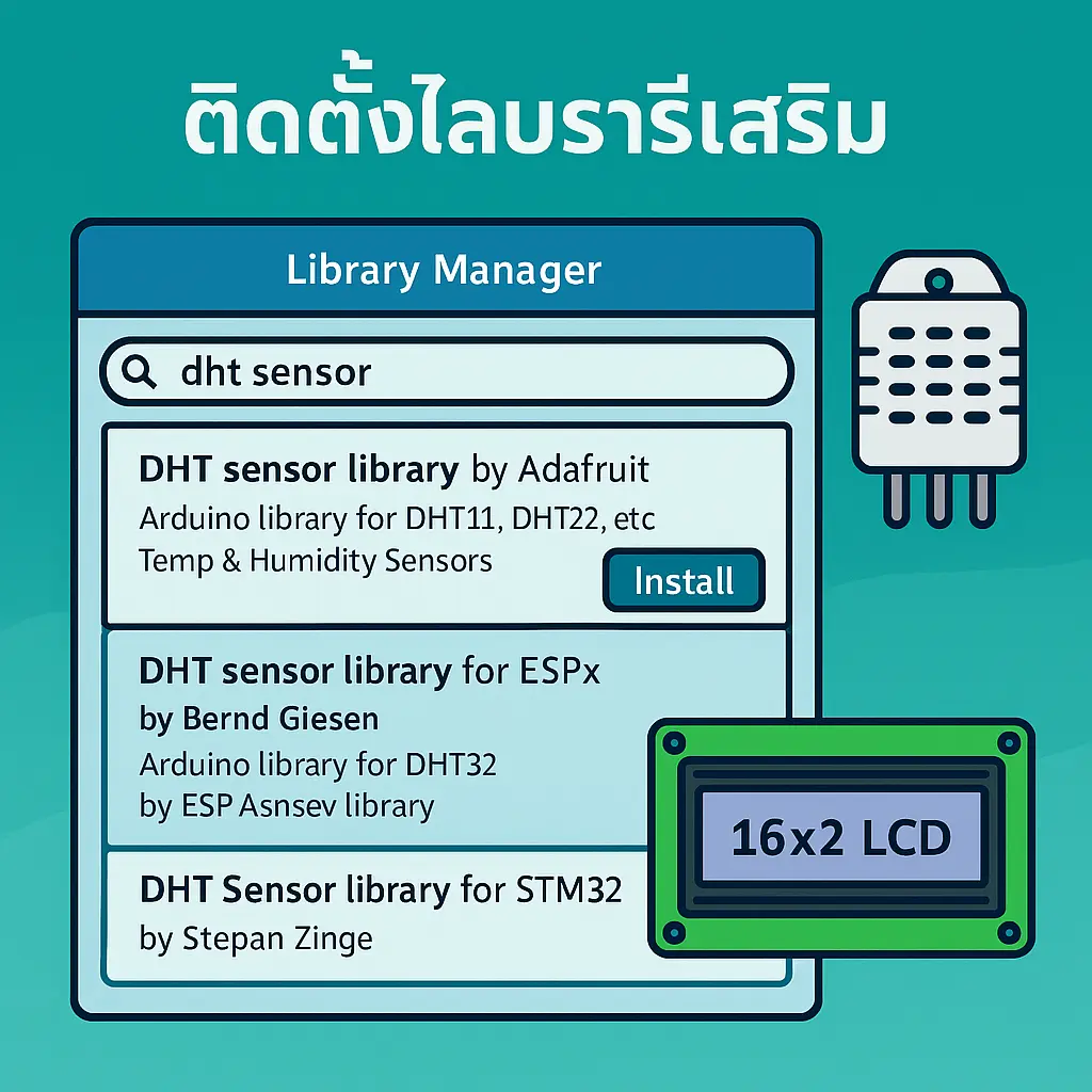 หน้าต่าง Library Manager ของ Arduino IDE แสดงขั้นตอนค้นหาและติดตั้งไลบรารี DHT sensor พร้อมปุ่ม Install