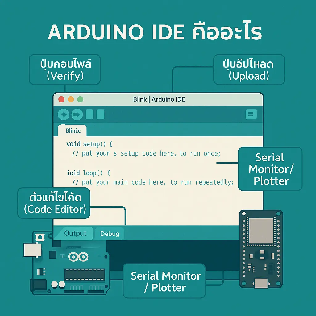 หน้าจอ Arduino IDE พร้อมไฮไลท์ปุ่มและฟังก์ชันหลักสำหรับเขียนโค้ด ESP32 และ Arduino