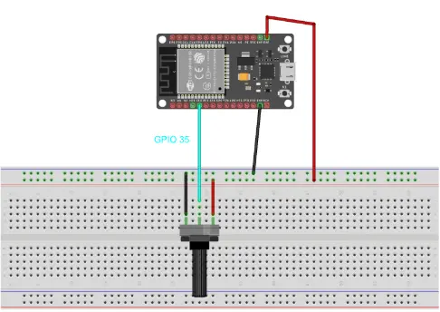 การต่อวงจร ESP32 อ่านค่า Analog ด้วย potentiometer ต่อเข้าขา GPIO 35 บนบอร์ด ESP32 DevKit V1 พร้อมไฟเลี้ยง 3.3V และ GND บน breadboard