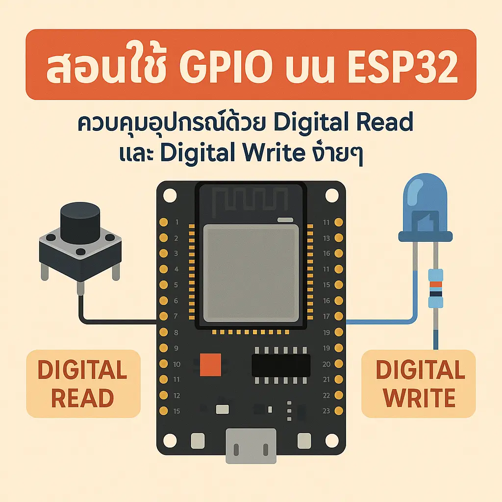 อินโฟกราฟิกสอนใช้ GPIO บน ESP32 แสดงบอร์ด ESP32 เชื่อมกับปุ่มกดสำหรับ Digital Read ทางด้านซ้าย และ LED พร้อมตัวต้านทานสำหรับ Digital Write ทางด้านขวา พร้อมข้อความกำกับ “สอนใช้ GPIO บน ESP32” และ “ควบคุมอุปกรณ์ด้วย Digital Read และ Digital Write ง่ายๆ