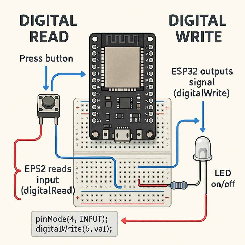 อินโฟกราฟิกแสดงอุปกรณ์ที่ใช้กับ ESP32 สำหรับสาธิต Digital Read และ Digital Write โดยมีปุ่มกด (Push Button) สำหรับอ่านค่าอินพุต และ LED พร้อมตัวต้านทานสำหรับเอาต์พุต พร้อมบอร์ด ESP32 อยู่ตรงกลาง และมีข้อความกำกับการทำงาน