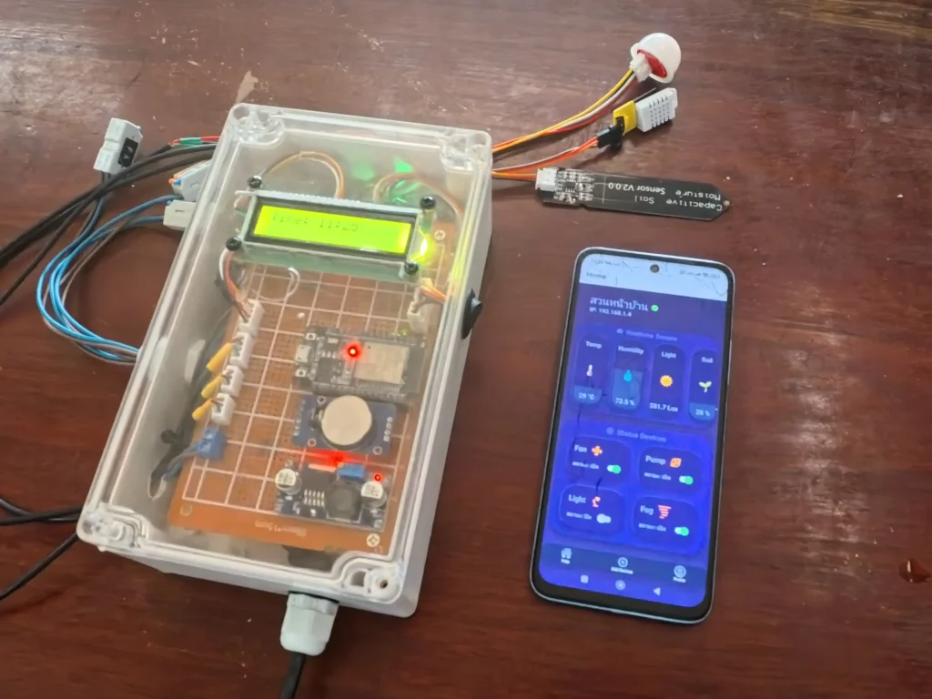 ต้นแบบระบบ PoPo Smart Farm ใช้บอร์ด ESP32 พร้อมเซนเซอร์ DHT22 และ Soil Moisture เชื่อมต่อกับแอปมือถือ แสดงค่าความชื้น อุณหภูมิ และควบคุมปั๊มน้ำ พัดลม ไฟ และ Fogger