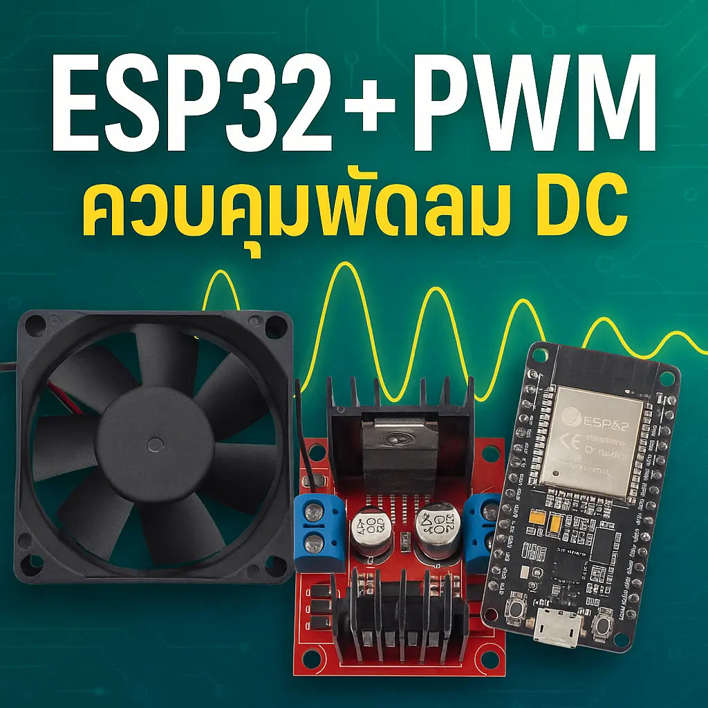 ภาพปกสี่เหลี่ยมจัตุรัสขนาด 1024x1024 แสดงอุปกรณ์ ESP32, โมดูลไดรเวอร์มอเตอร์ L298N และพัดลม DC วางเรียงด้านล่าง พื้นหลังโทนสีเขียวฟ้าแบบกราเดียนท์พร้อมลายวงจรและเส้นคลื่น PWM สีเหลือง ข้อความด้านบนเป็นตัวหนา “ESP32 + PWM” และ “ควบคุมพัดลม DC