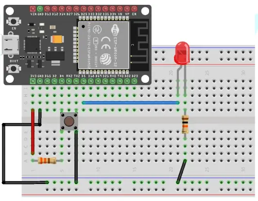 การต่อวงจร ESP32 Devkit V1 กับปุ่มกดและ LED บนเบรดบอร์ด: GPIO 4 ต่อกับปุ่มกดผ่านตัวต้านทาน Pull-down 10kΩ, GPIO 5 ต่อกับ LED ผ่านตัวต้านทาน 330Ω, มีการต่อสายไฟ VCC และ GND ครบวงจร