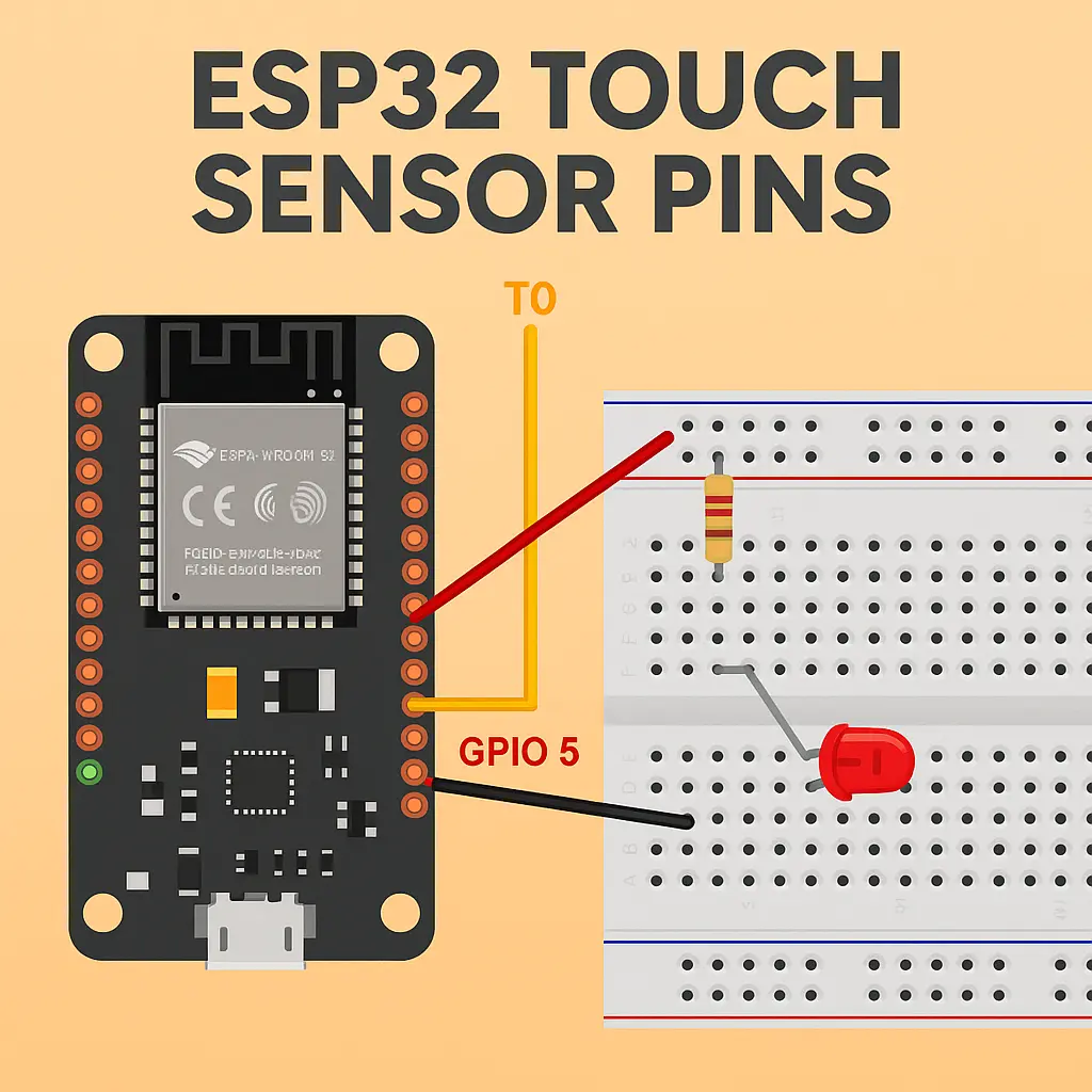 ภาพปกบทความ ESP32 Touch Sensor Pins แสดงบอร์ด ESP32 เชื่อมต่อกับพินสัมผัส T0 และวงจร LED บน breadboard พร้อมข้อความหัวข้อใหญ่ด้านบน