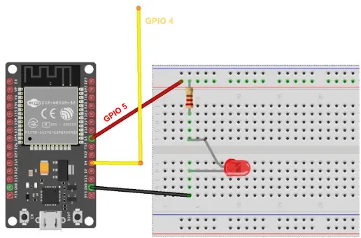 แผนผังการต่อวงจร ESP32 กับ LED และพินสัมผัส (GPIO4) โดยใช้ตัวต้านทาน 330Ω ต่ออนุกรมกับ LED เชื่อม GPIO5 เป็นขาเอาต์พุตควบคุม LED และ GPIO4 เป็นพินรับสัมผัสบนบอร์ดทดลอง (Breadboard)