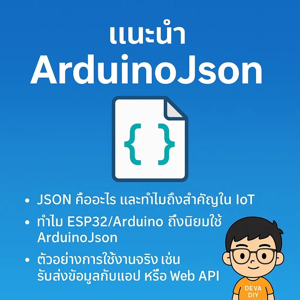 ภาพปกแนะนำ ArduinoJson ภาษาไทย พร้อมหัวข้อย่อยอธิบาย JSON, การใช้งานกับ ESP32/Arduino และตัวการ์ตูน Deva DIY
