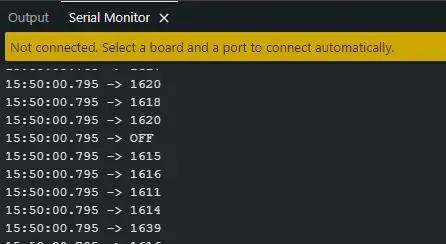 ESP32 Arduino IDE Serial Monitor แสดงผลทดลองเปรียบเทียบ delay กับ millis ขณะยังไม่เชื่อมต่อบอร์ด ขึ้นข้อความ Not connected และค่าที่อ่านจากเซนเซอร์ 1620, 1618 พร้อมสถานะ OFF