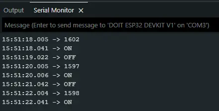 ESP32 Arduino IDE Serial Monitor ตัวอย่างการทำงานด้วย millis เปรียบเทียบกับ delay แสดงค่าจากเซนเซอร์ 1602, 1597, 1598 พร้อมข้อความ ON และ OFF สลับกันทุกวินาที