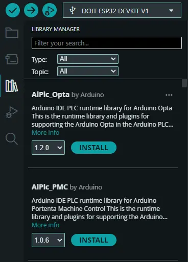 หน้าต่าง Library Manager ใน Arduino IDE ใช้ค้นหาและติดตั้งไลบรารี วิธีใช้: 1เปิดเมนู Library Manager (ไอคอนรูปหนังสือที่แถบซ้าย) 2พิมพ์ชื่อไลบรารี เช่น BH1750 หรือ DHT 3กด Install → เลือกเวอร์ชัน → เสร็จ วิธีนี้ง่ายที่สุดสำหรับมือใหม่ และมั่นใจได้ว่าเป็นเวอร์ชันที่ Arduino รับรอง