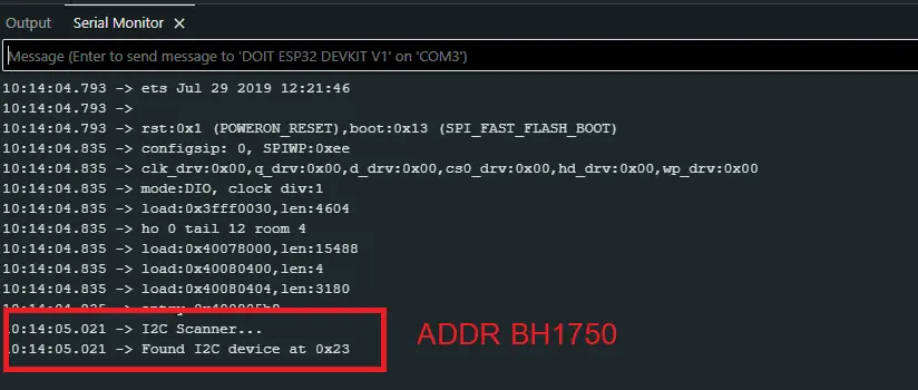 ภาพหน้าจอ Serial Monitor ของ Arduino IDE แสดงผลการสแกน I2C พบอุปกรณ์ที่ที่อยู่ 0x23 ซึ่งเป็นค่า Address ของเซนเซอร์ BH1750 บนบอร์ด ESP32