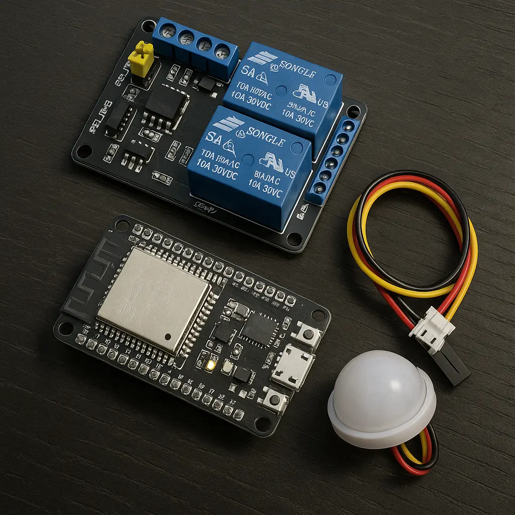 บอร์ด ESP32 DevKit V1, โมดูลรีเลย์ 2 ช่อง และเซนเซอร์ตรวจจับการเคลื่อนไหว PIR วางบนโต๊ะไม้สีเข้ม เหมาะสำหรับบทความสอนโครงงาน ESP32 ของ Deva DIY