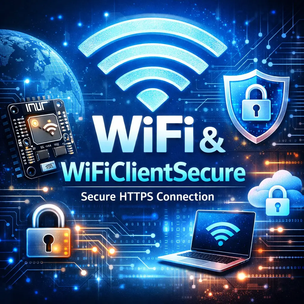 กราฟิกเปรียบเทียบ WiFi.h และ WiFiClientSecure.h สำหรับ ESP32 แสดงสัญลักษณ์การเชื่อมต่อ HTTPS ที่ปลอดภัย พร้อมไอคอนบอร์ดไมโครคอนโทรลเลอร์และกุญแจล็อค
