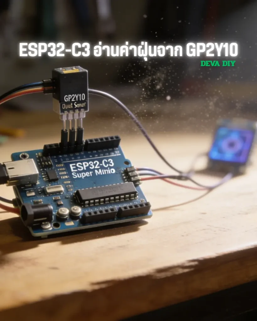 ภาพหน้าปกบทความโปรเจกต์ ESP32-C3 อ่านค่าฝุ่นจากเซนเซอร์ GP2Y10 โดยมีบอร์ด ESP32-C3 Super Mini เชื่อมต่อกับ Dust Sensor บนโต๊ะทำงาน และมีจอแสดงผลอยู่ด้านหลัง