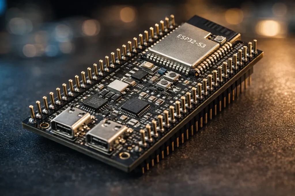 บอร์ด ESP32-S3 N16R8 แบบระยะใกล้ แสดงชิป ESP32-S3, พอร์ต USB สองช่อง และขา GPIO รอบบอร์ดอย่างชัดเจน