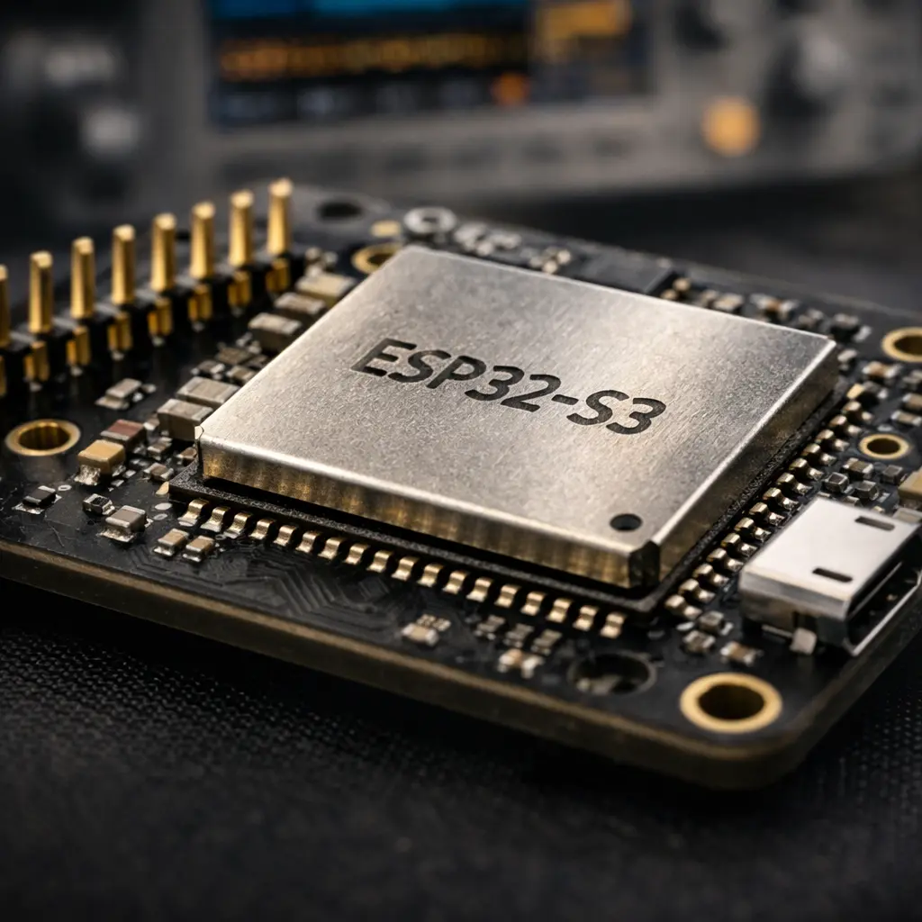 บอร์ดพัฒนา ESP32-S3 แสดงชิปไมโครคอนโทรลเลอร์พร้อม Wi-Fi และ Bluetooth มีพอร์ต USB และขา GPIO สำหรับงาน IoT และระบบอัตโนมัติ ESP32-S3 development board close-up showing Wi-Fi microcontroller chip with USB connector and GPIO pins for IoT projects