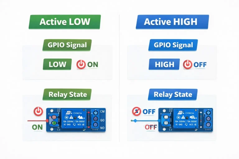 ตารางเปรียบเทียบรีเลย์ Active LOW และ Active HIGH สำหรับ ESP32