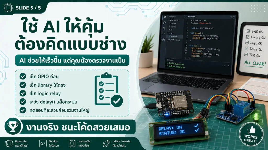 แนวคิดใช้ AI ช่วยเขียนโค้ด ESP32 แบบช่าง คือเช็ก GPIO library relay logic และทดสอบกับบอร์ดจริง