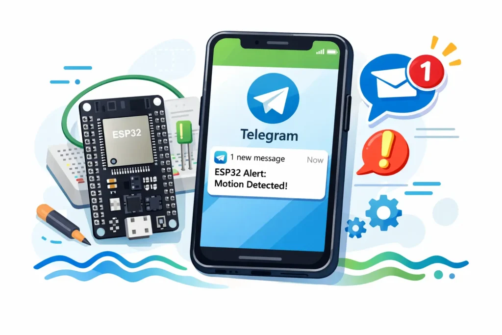 รูปภาพอินโฟกราฟฟิค แสดงการใช้งานการแจ้งเตือน ESP32 ผ่าน App Telegram