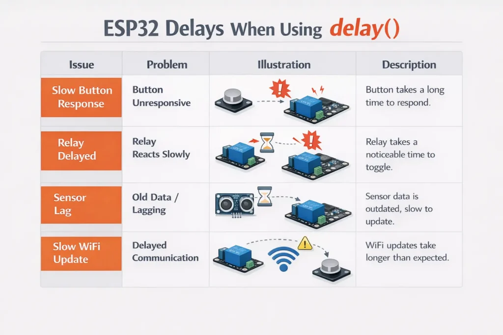 อาการที่พบบ่อยเมื่อใช้ delay มากเกินไปบน ESP32