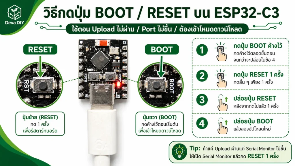 วิธีเข้า Download Mode ESP32-C3 ด้วยปุ่ม BOOT RESET