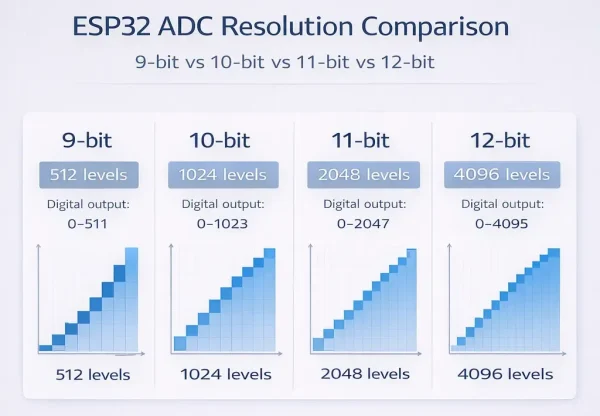 ภาพเปรียบเทียบ ESP32 ADC Resolution แบบ 9-bit 10-bit 11-bit และ 12-bit