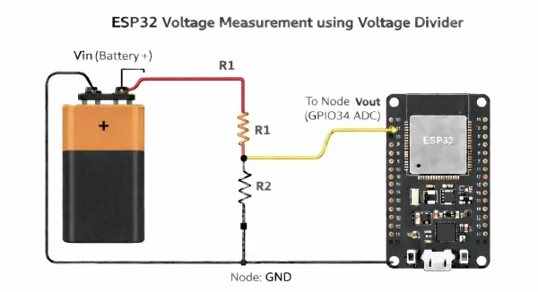 ESP32 วัดแรงดันแบตเตอรี่ด้วย Voltage Divider