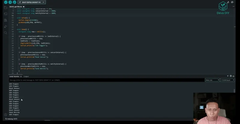 รูปแสดงข้อความ serial monitor การทำงานไม่รอคิวเมื่อใช้ millis
