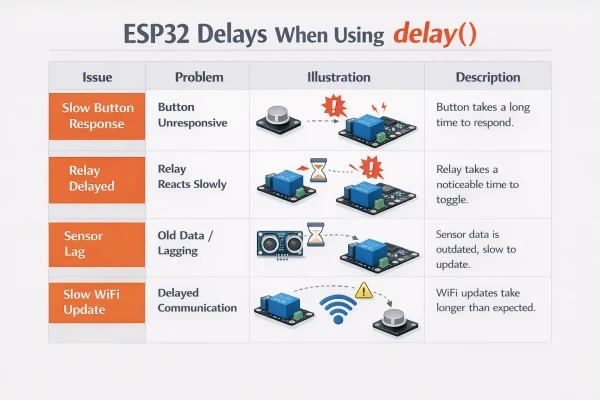 อาการที่พบบ่อยเมื่อใช้ delay มากเกินไปบน ESP32
