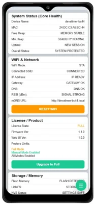 หน้า System Status (Core Health) ของ SmartTimer V1 แสดงสถานะระบบ, หน่วยความจำ, Uptime และ WiFi/Network พร้อมปุ่ม Reset WiFi