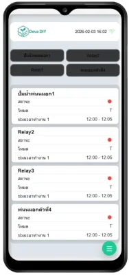 หน้า Dashboard SmartTimer V1 แสดงรีเลย์ 4 ช่อง พร้อมสถานะและช่วงเวลาตั้งค่า (Timer) ของแต่ละอุปกรณ์บน Web UI Local-first