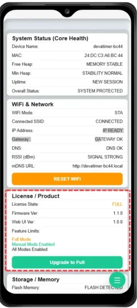 หน้า Core Health หมวด License / Product: License State (FULL), Firmware/Web UI Version, รายการ Feature Limits และปุ่ม Upgrade to Full สำหรับอัปเกรดไลเซน