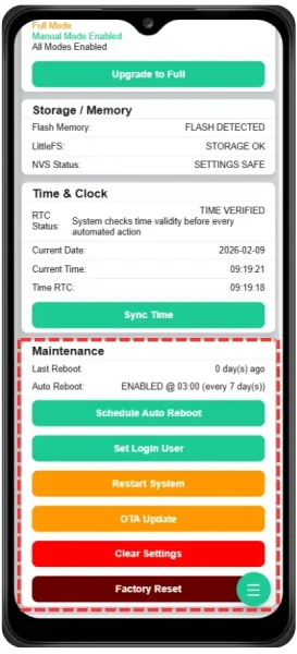 หน้า Core Health หมวด Maintenance: Last Reboot, Auto Reboot เวลา 03:00 และปุ่มดูแลระบบ เช่น Schedule Auto Reboot, Set Login User, Restart, OTA Update, Clear Settings, Factory Reset