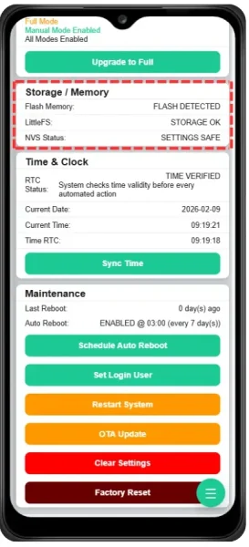 หน้า Core Health หมวด Storage / Memory: Flash Detected, LittleFS Storage OK และ NVS Status Settings Safe เพื่อเช็คพื้นที่และความปลอดภัยของการบันทึกค่า