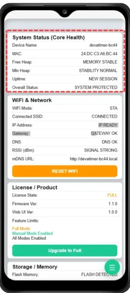หน้า Core Health แสดง System Status ของ SmartTimer V1: Device Name, MAC, Free/Min Heap, Uptime และ Overall Status เพื่อเช็คสุขภาพระบบรวม