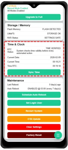 หน้า Core Health หมวด Time & Clock: RTC Status (Time Verified), Current Date/Time, เวลา RTC และปุ่ม Sync Time เพื่อซิงค์เวลาให้ตารางทำงานแม่น