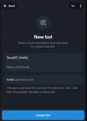 หน้าการสร้าง bot telegram ด้วย botfather สร้าง bot ชื่อ DevaDIY_Notify