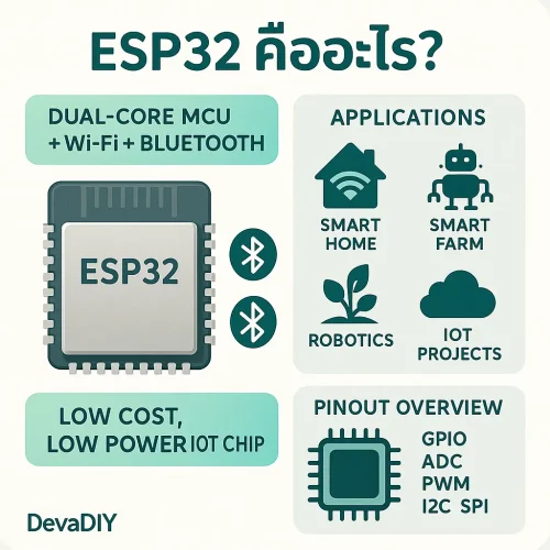 ภาพอธิบาย esp32 คืออะไร ป็นไมโครคอนโทรลเลอร์ที่มีคุณสมบัติครบครันสำหรับการพัฒนา Smart Farm ด้วยการเชื่อมต่อ Wi-Fi และ Bluetooth, รองรับเซนเซอร์และอุปกรณ์หลายประเภท รวมถึงสามารถเชื่อมต่อกับระบบ Cloud ได้