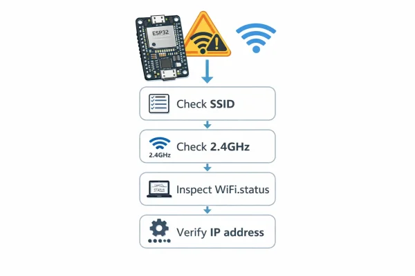 แผนผังตรวจสอบปัญหา ESP32 ต่อ WiFi ไม่ติดแบบทีละขั้น