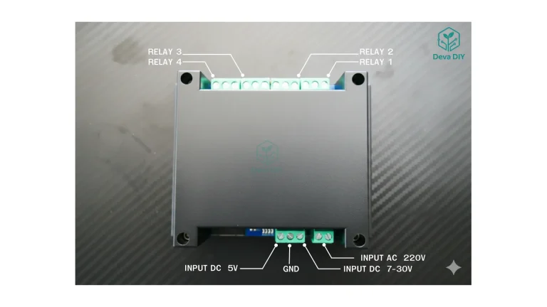 ภาพมุมมองด้านหน้ากล่อง SmartTimer V1 พร้อมป้ายกำกับพอร์ต: ขั้วรีเลย์ 1–4 ด้านบน และขั้วไฟเข้า/จ่ายไฟด้านล่าง (DC 5V, GND, DC 7–30V, AC 220V) พร้อมโลโก้ DevaDIY