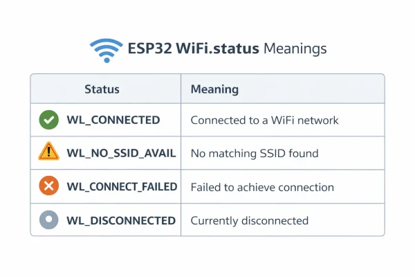 ตารางความหมาย WiFi status ของ ESP32 เช่น WL_CONNECTED และ WL_NO_SSID_AVAIL
