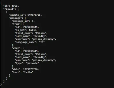 ข้อมูล payload Json chat id จากการส่ง url /gerupdate/ ไปที่ api telegram